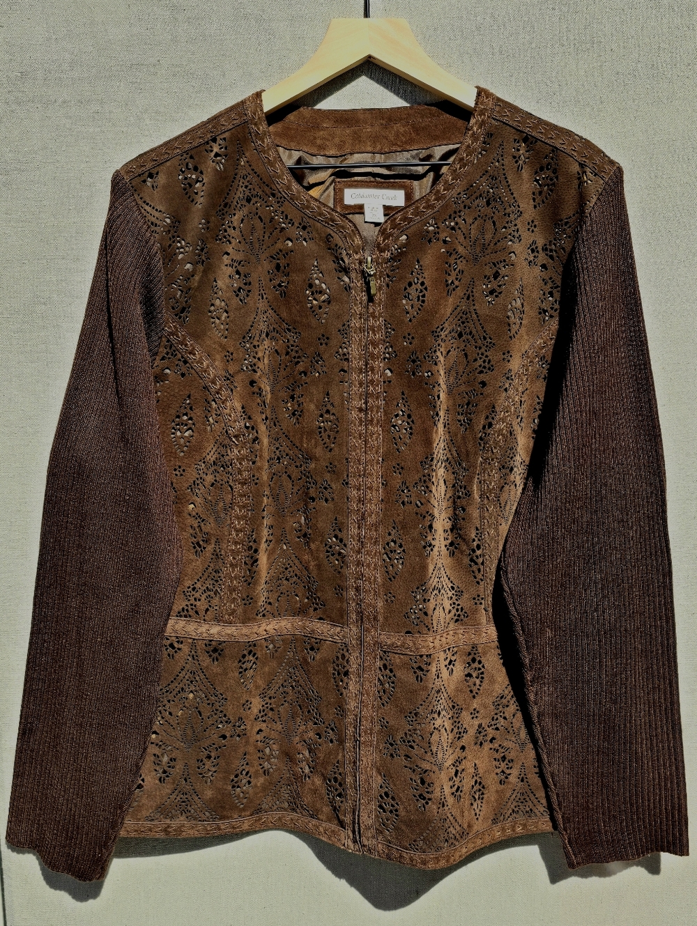 Coldwater Creek Leather Jacket 2X Brown Suede Knit Sleeve Zip Boho NWT